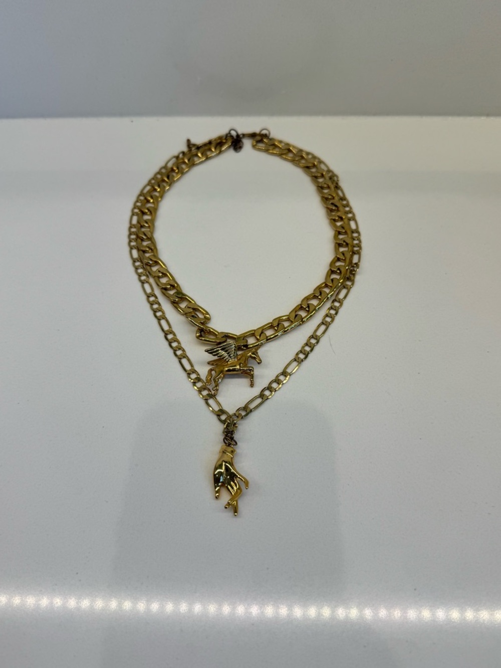 Dylan Lex inspired Gold Tone Layered Pendant Necklace w/Pegasus and Hand Charms - Picture 2 of 5
